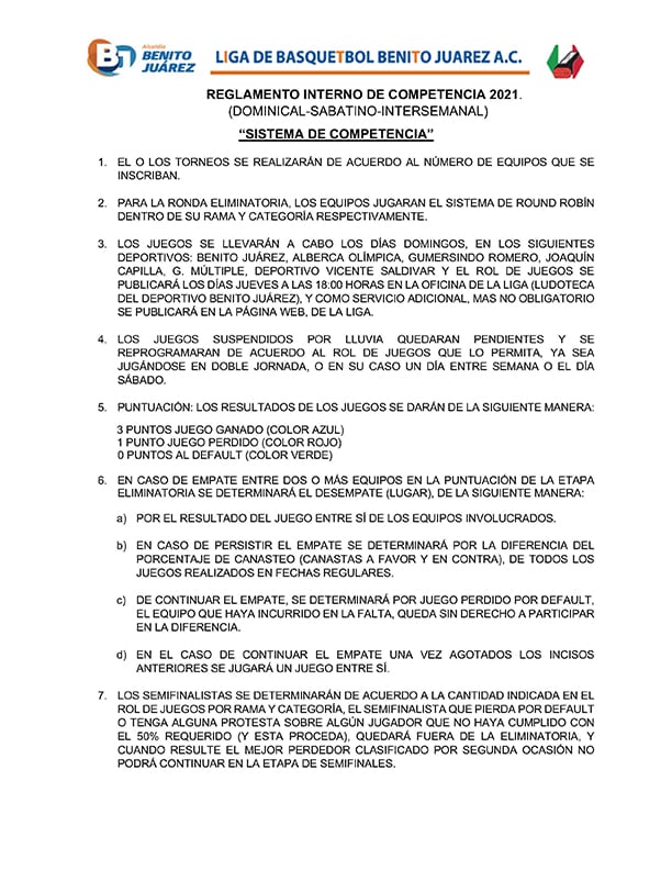 Reglamento Interno – Liga de Basquetbol Benito Juárez